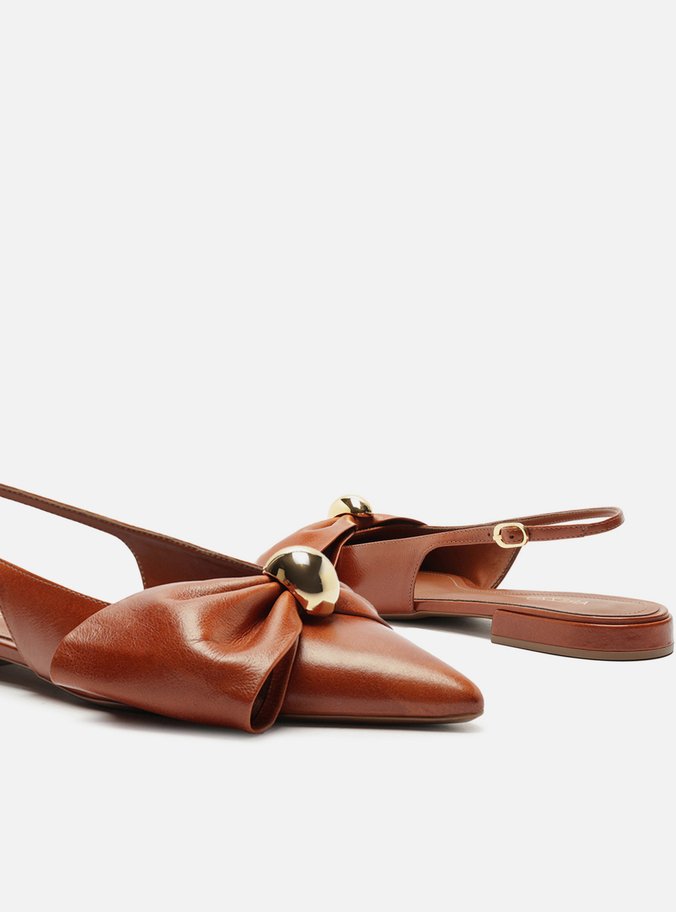 Sapatilha Marrom Couro Slingback Laço Metal