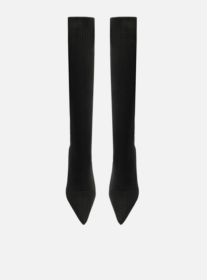 Bota Skinny Preta Knit Cano Longo Salto Bloco