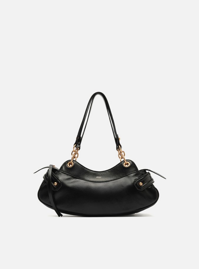 Bolsa Shoulder Preta Couro Média Ilhós