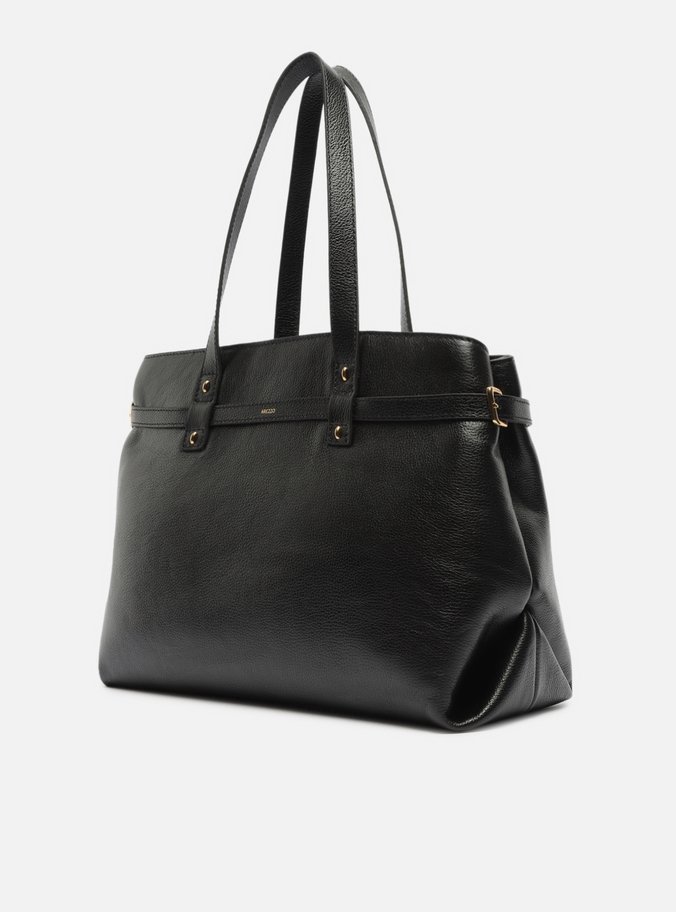 Bolsa Shopping Preta Couro Grande Fivelas