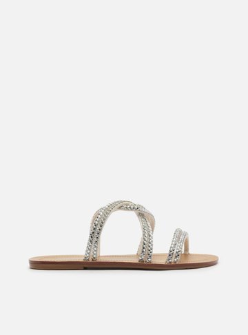 Rasteira Branca Enlace Tiras Cristais