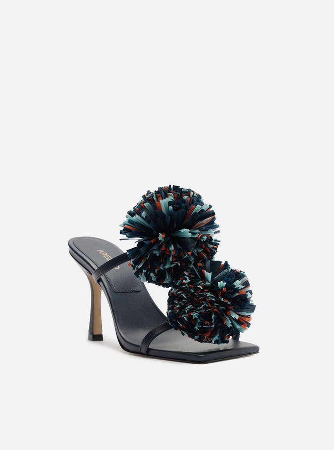 Tamanco Azul Salto Fino Bico Quadrado Pompom
