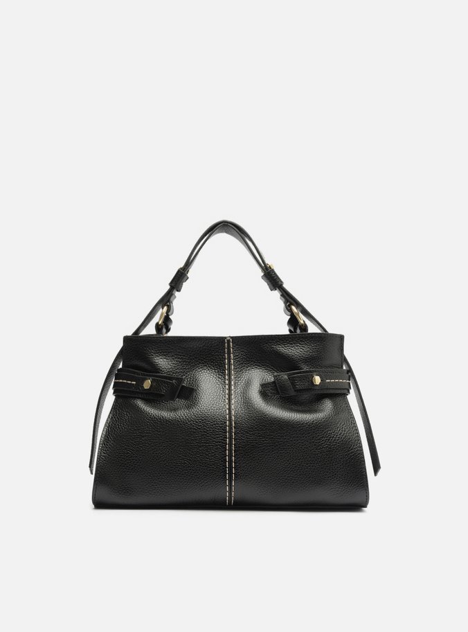 Bolsa Tote Preta Couro Média Tiras Laterais