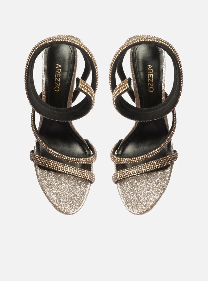Sandália Dourada Salto Fino Espiral Glitter Strass Gigi