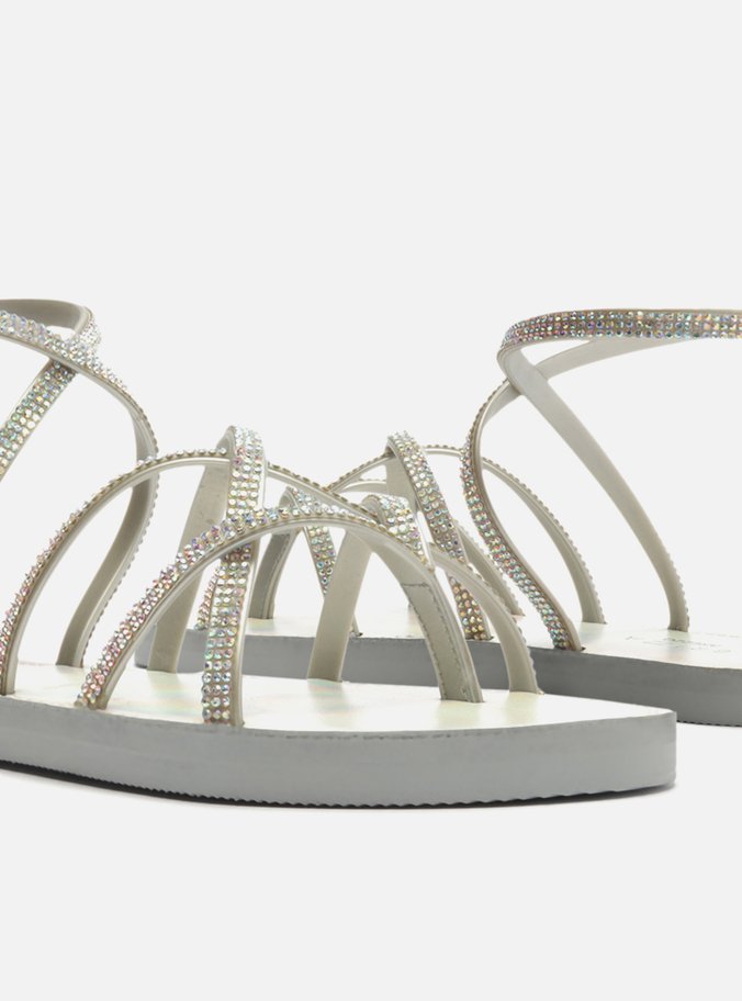 Sandália Rasteira Prata Strass Tiras Nice
