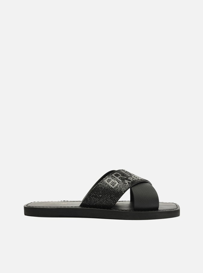 Rasteira Preta Tira Strass Brizza Glam