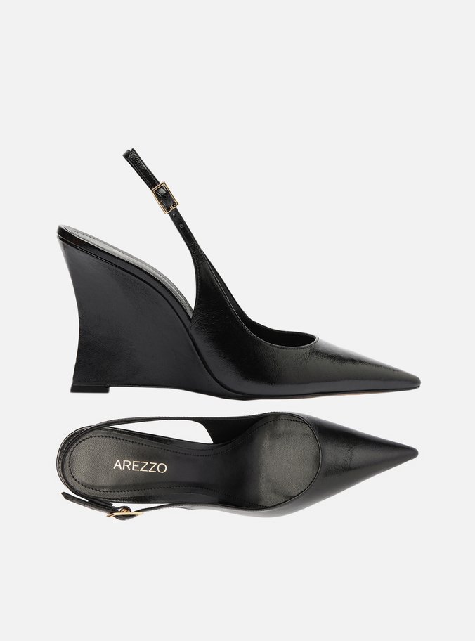 Scarpin Preto Couro Salto Anabela Slingback