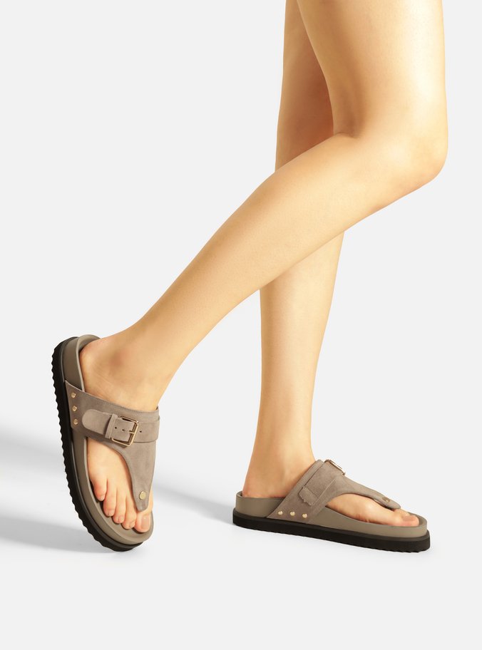 Sandália Papete Cinza Suede Tira Fivela