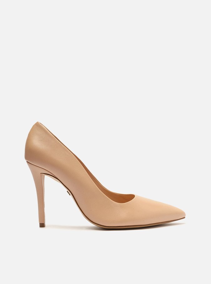 Scarpin Bege Couro Salto Alto Fino Bico Fino