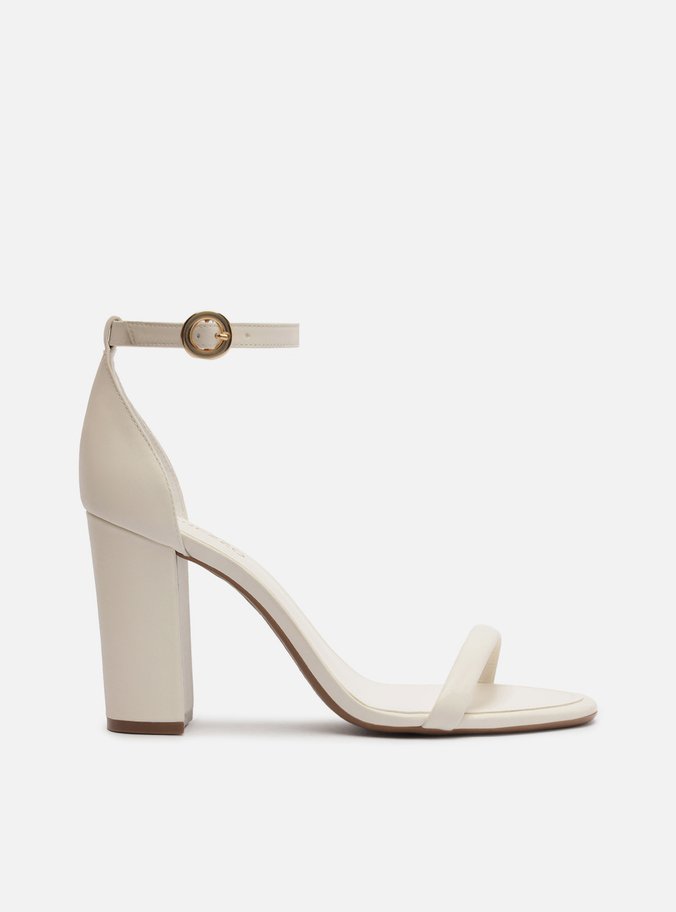 Sandália Off White Couro Salto Alto Bloco Básica