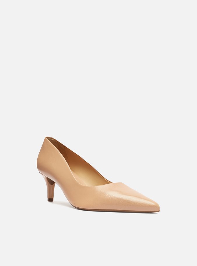 Scarpin Bege Couro Salto Baixo Fino Bico Fino
