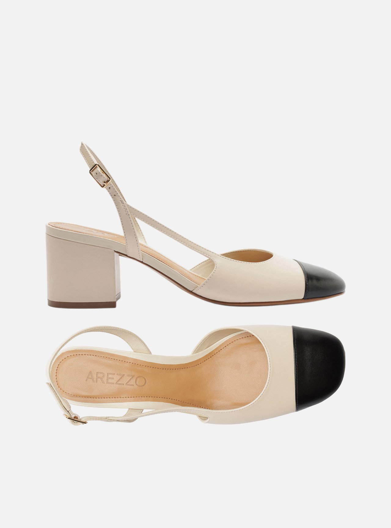 Scarpin Branco Couro Bloco Slingback Cap Toe Preto — foto 5