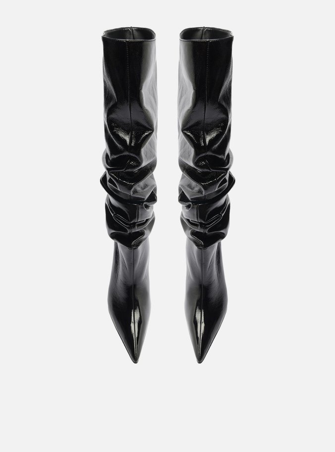 Bota Preta Couro Crinkle Cano Longo Salto Alto Slouch
