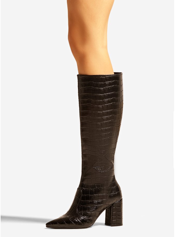 Bota Preta Croco Cano Longo Salto Bloco Easy