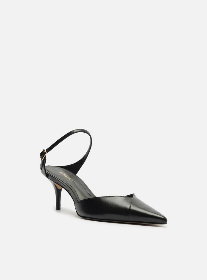 Mule Preta Couro Salto Kitten Tira Instep