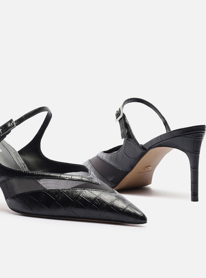 Mule Preta Croco Salto Médio Fino Tela