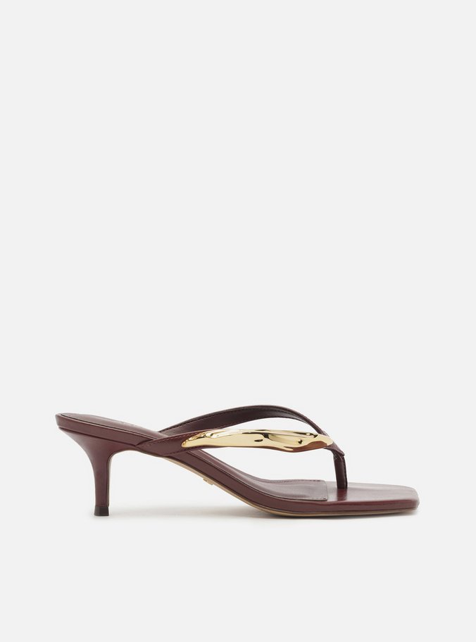 Tamanco Vinho Couro Salto Fino Flip Flop Metal