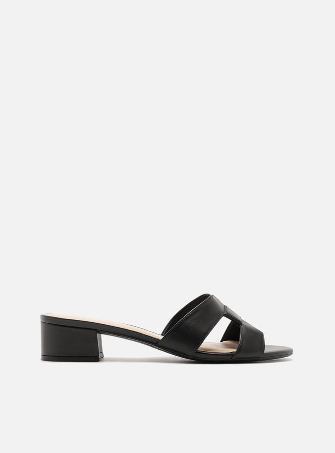 Mule Preto Couro Salto Bloco