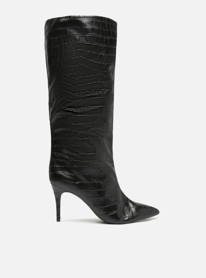 Bota Preta Croco Cano Longo Salto Fino