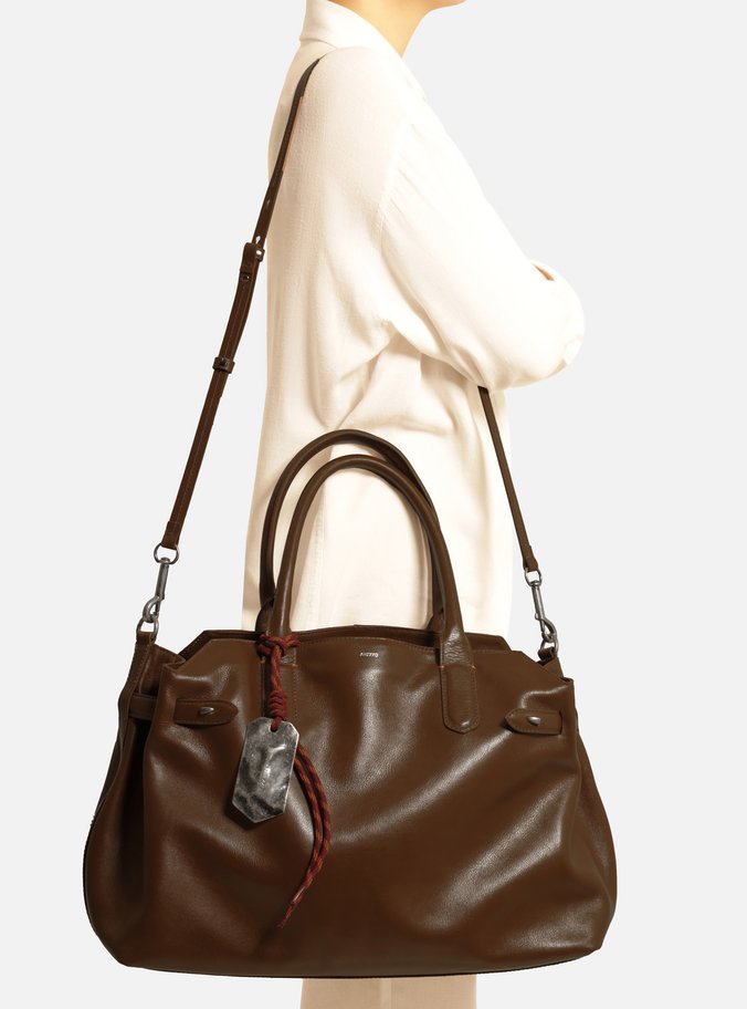 Bolsa Tote Marrom Couro Grande Bag Charm Metal