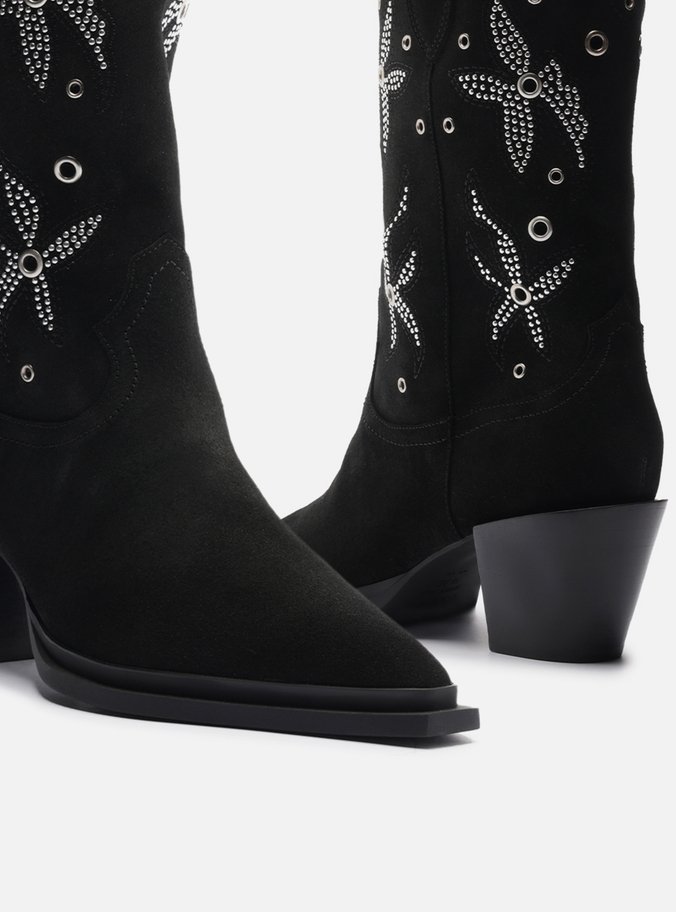 Bota Preta Acamurçada Cano Longo Bordada Western