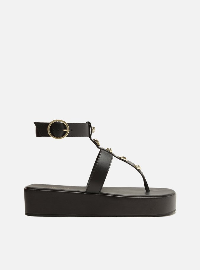 Sandália Preta Flatform Tiras Aplicações