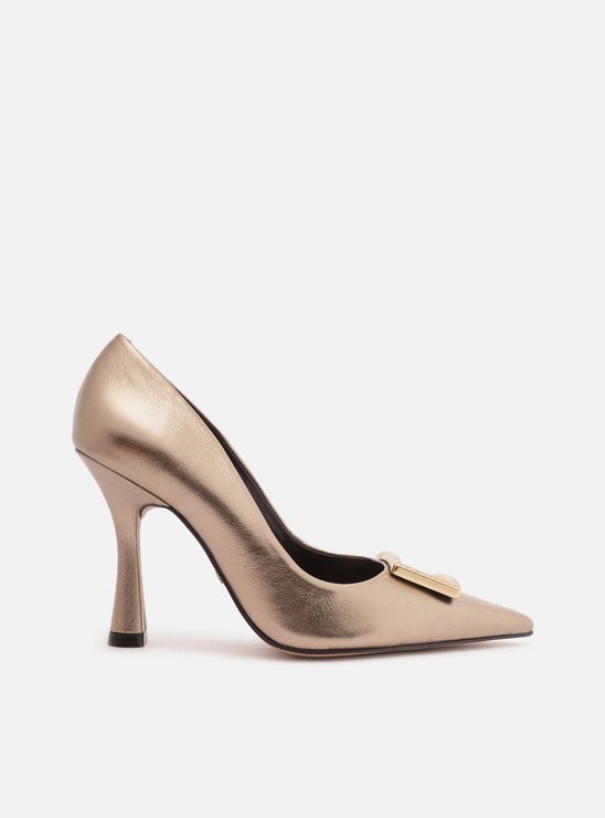 Scarpin Dourado Bico Fino Couro