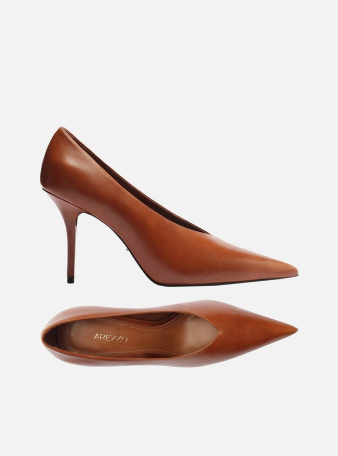 Scarpin Caramelo Couro Salto Alto Fino Modern