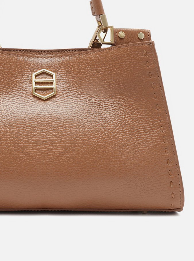 Bolsa Tote Marrom Couro Grande Metal