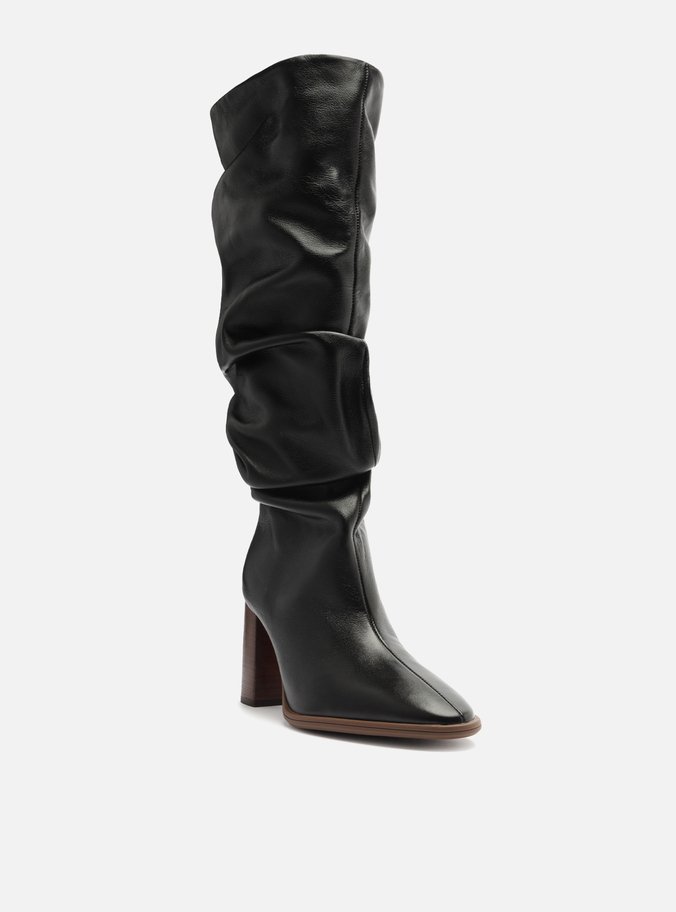 Bota Preta Couro Cano Alto Salto Alto