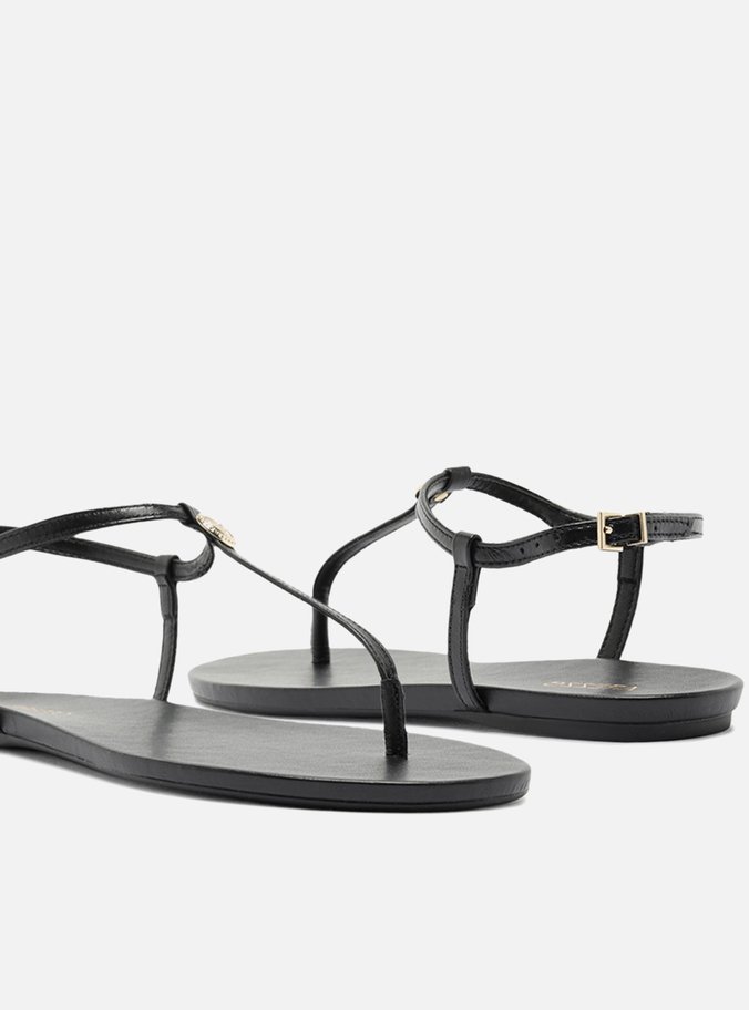 Sandália Rasteira Preta Couro Slim Metal