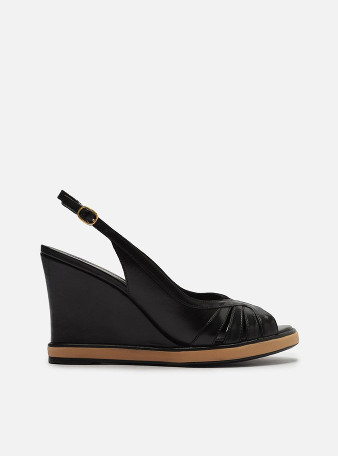 Sandália Preta Couro Salto Alto Anabela Slingback