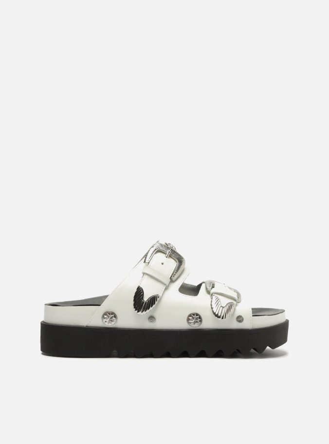 Sandália Branca Couro Flatform Fivelas Metais