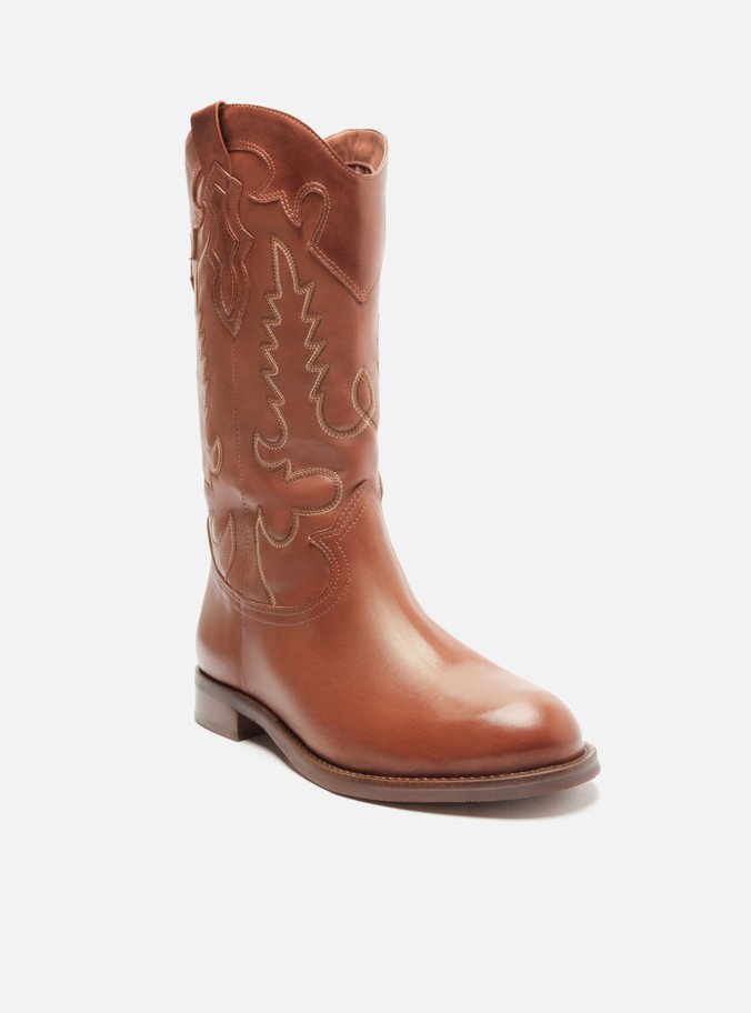 Bota Marrom Couro Cano Longo Bordado Western