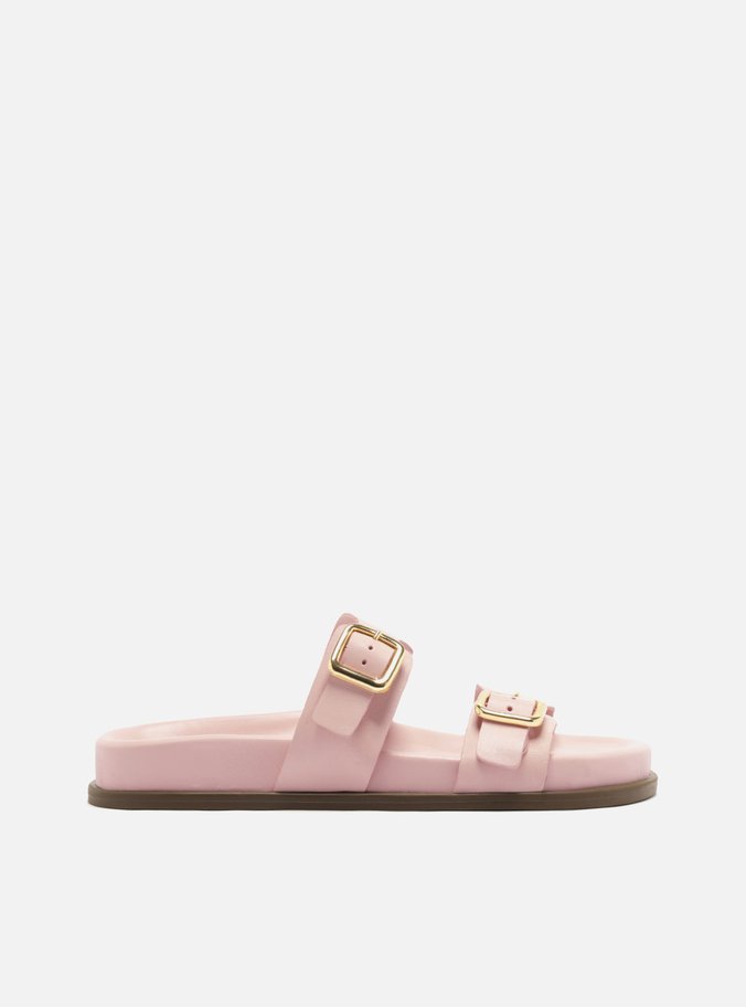 Sandália Papete Rosa Couro Flatform Fivelas Douradas