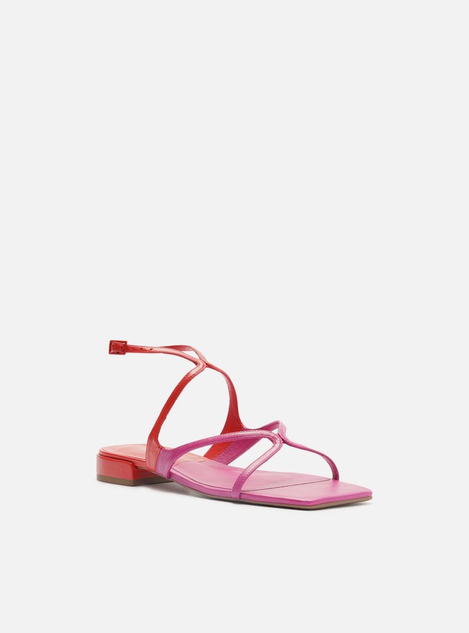 Sandália Rasteira Vermelha Couro Rosa Tiras