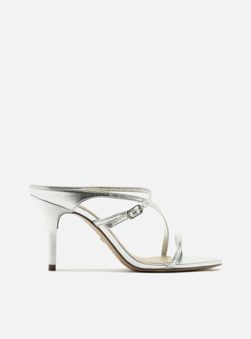 Sandália Prata Salto Médio Fino Tiras Cruzadas