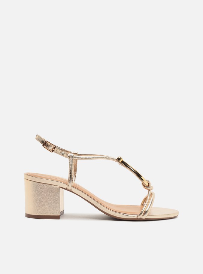 Sandália Dourada Salto Bloco Metais
