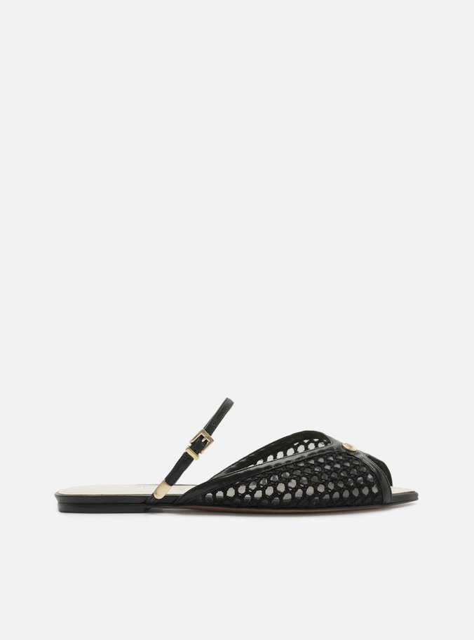 Sandália Rasteira Preta Crochê Bico Folha Slingback