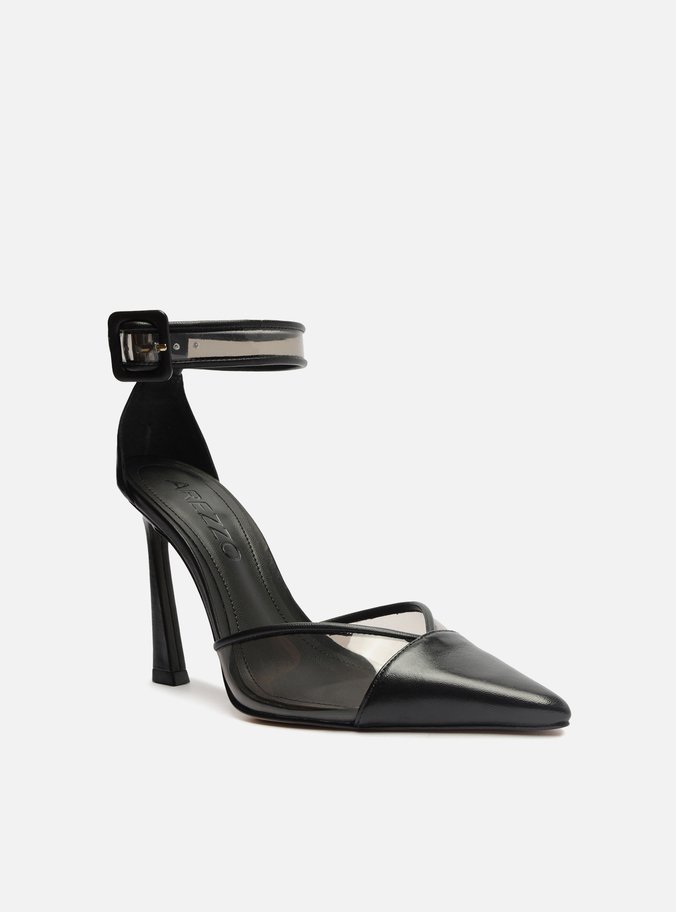 Scarpin Preto Couro Salto Alto Bico Fino Vinil