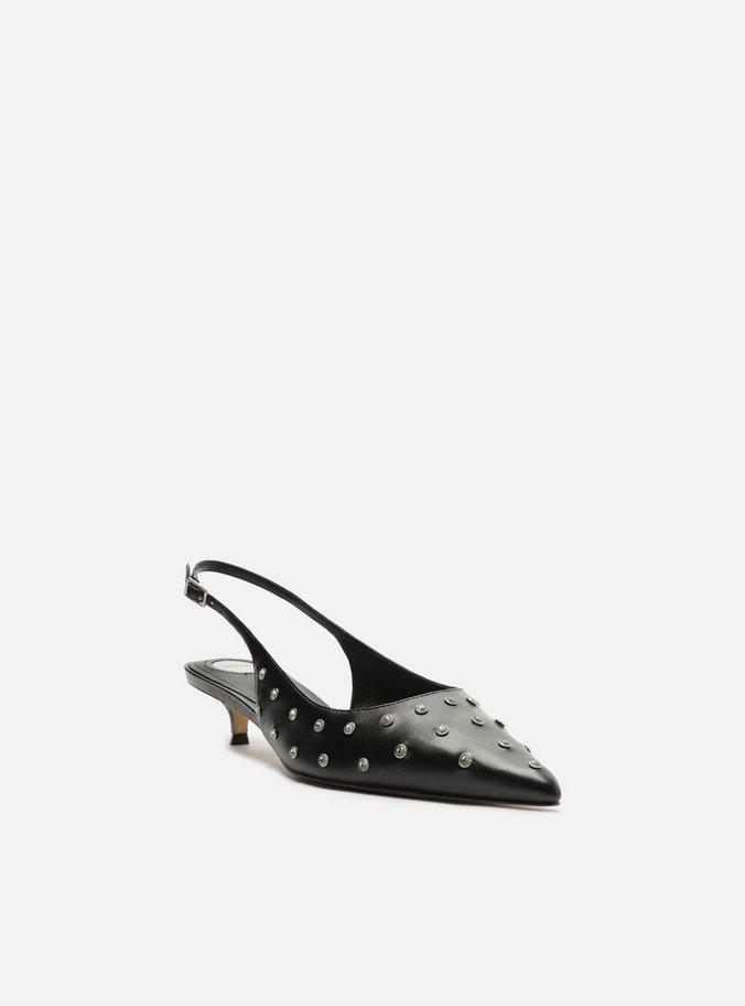 Scarpin Preto Couro Salto Kitten Slingback Tachas
