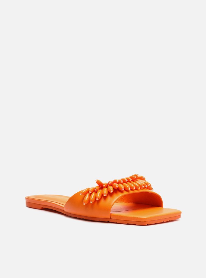 Rasteira Laranja Couro Flat Aplicações