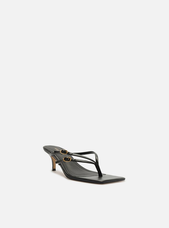 Tamanco Preta Couro Bico Quadrado Flip Flop