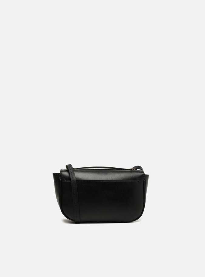 Bolsa Tiracolo Preta Couro Pequena Costuras Metais