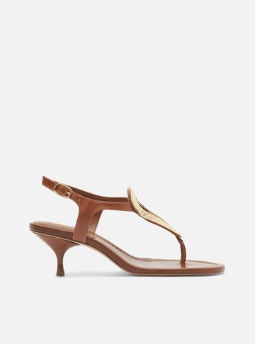 Sandália Marrom Couro Salto Kitten Metal Textura