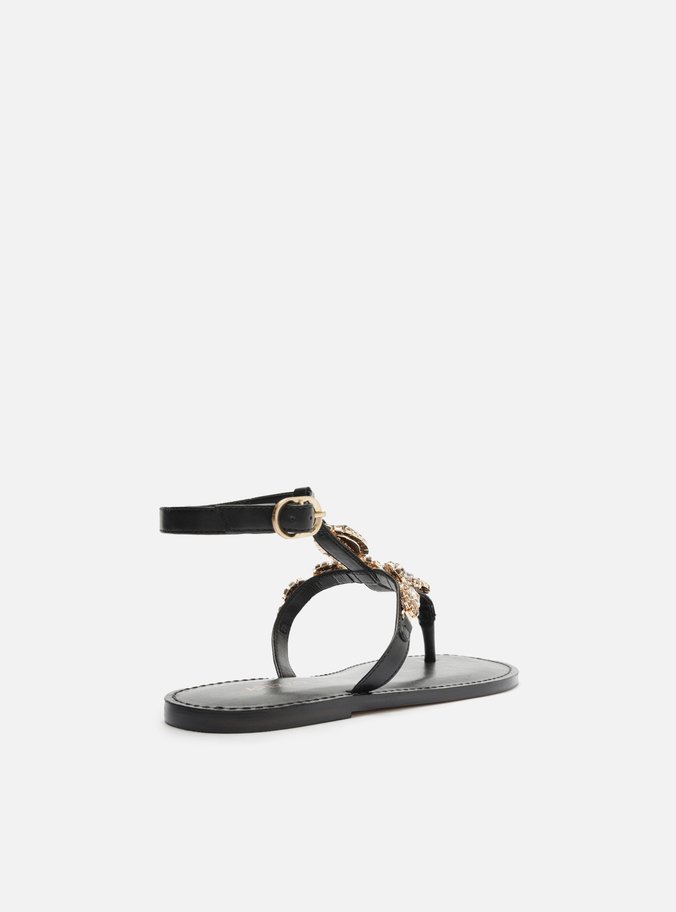 Rasteira Preta Couro Slim Maxi Pedraria Fivela