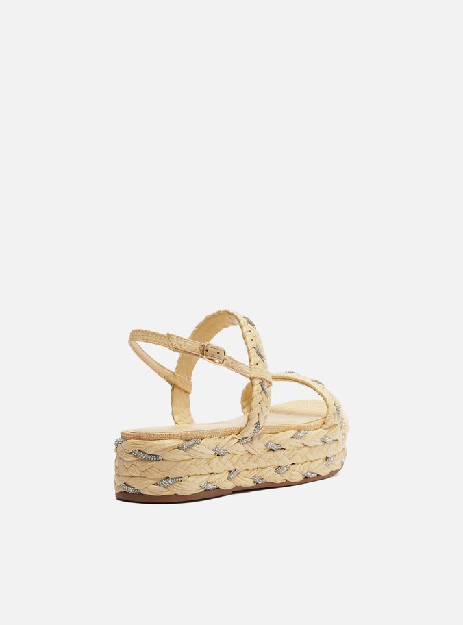 Sandália Bege Palha Trançada Flatform Strass