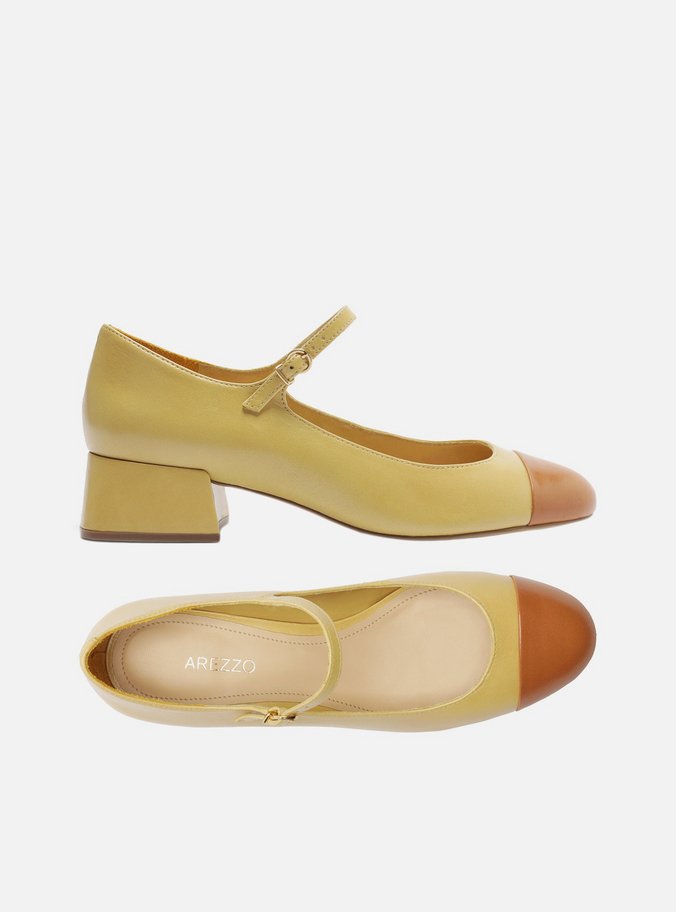 Sapato Boneca Amarelo Couro Salto Baixo Cap Toe