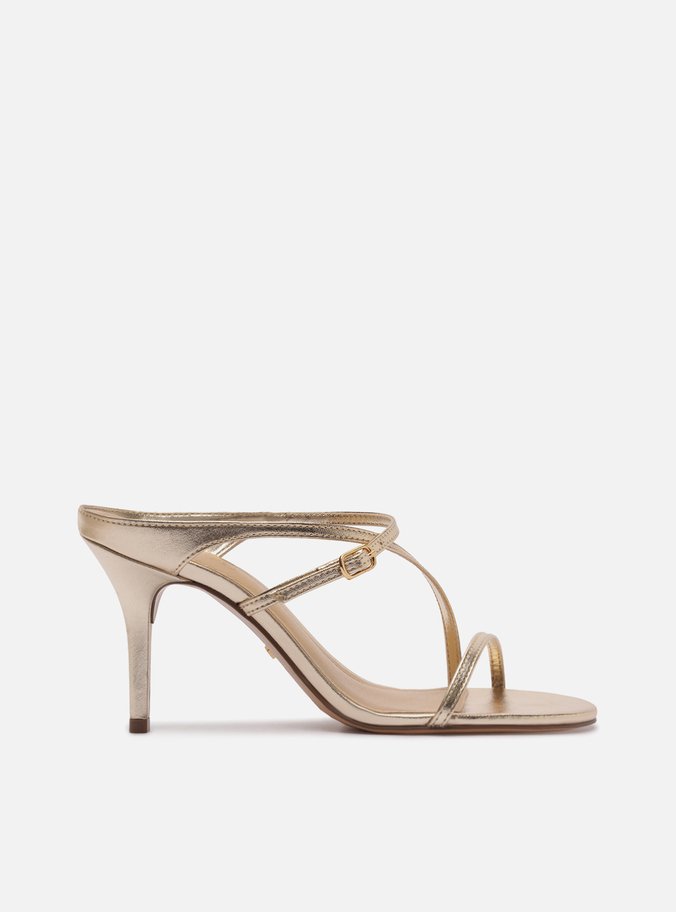 Sandália Dourada Salto Médio Fino Tiras Cruzadas