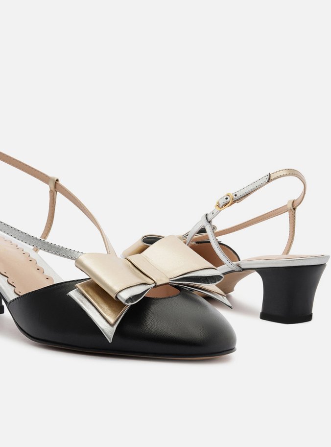 Scarpin Preto Couro Salto Baixo Slingback Laço
